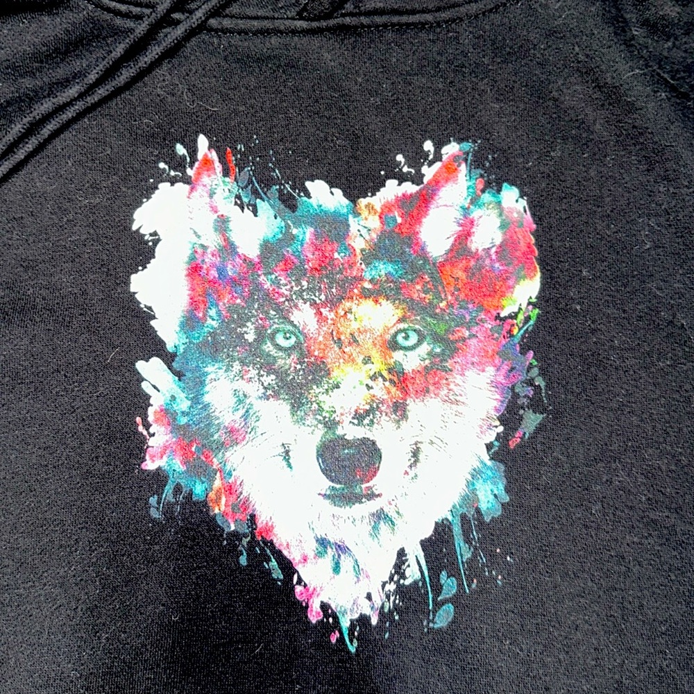 NWOT Painted Wolf Hoodie 🐺 ♥️ 💜 🩵